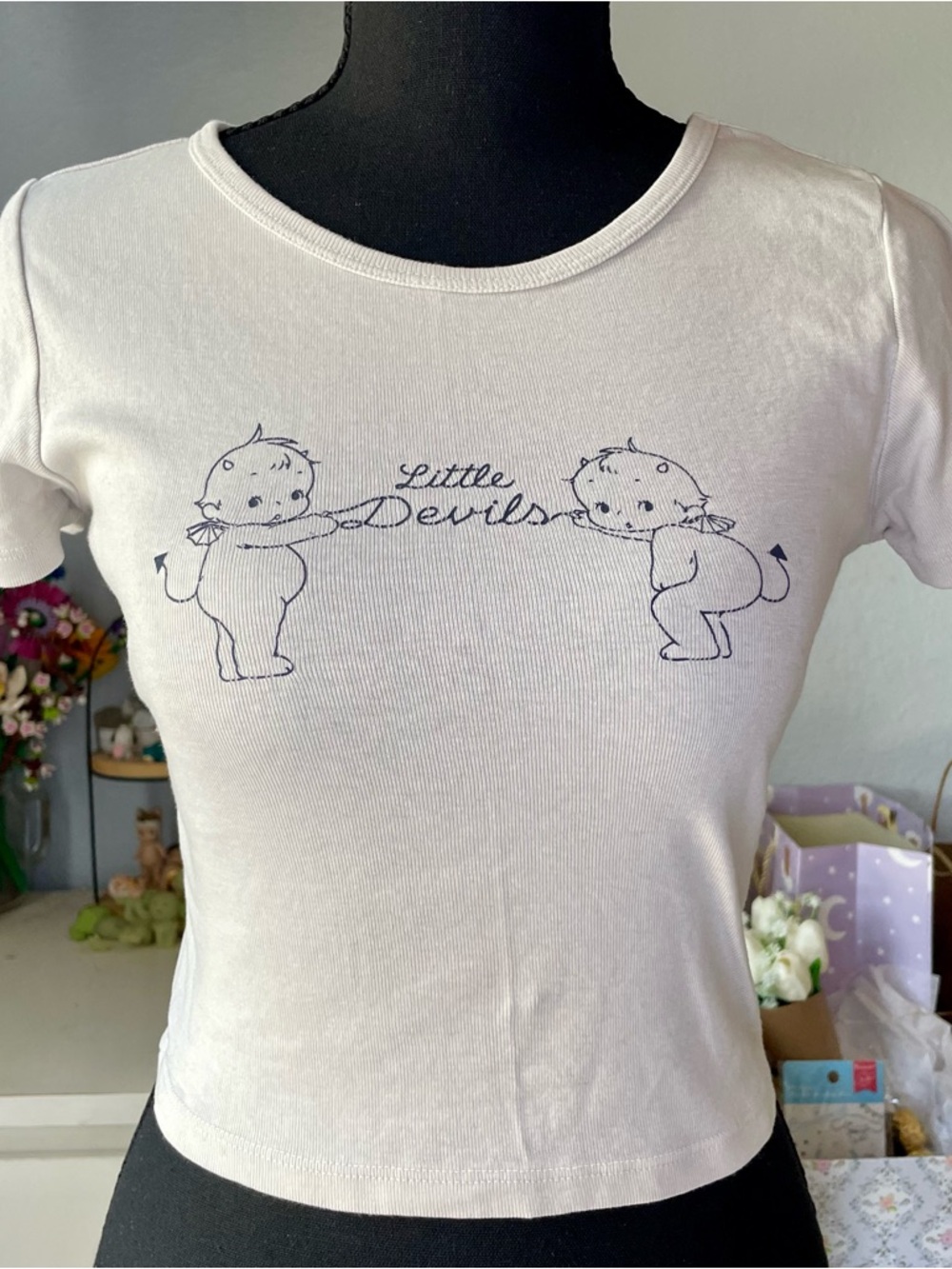 Brandy Melville John Galt Little Devils White Graphic Baby Tee One Size